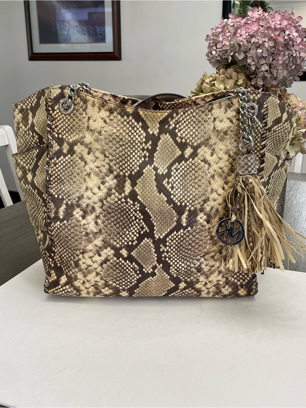 Michael Kors Brown and Cream Snake-Print Tassel Tote - Picture 6 of 8